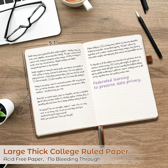 College Ruled Notebook, Hardcover Leather Journal for Women Men, A5, Lined | No Bleed Thick Paper for Smooth Writing, Lay Flat, A5 Portable Size for Work, School, and Travel, Professional Business Style