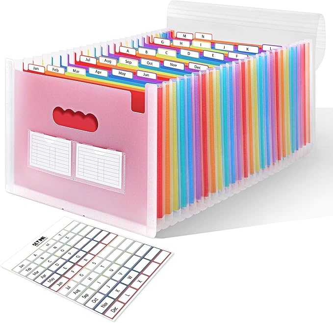 SKYDUE Accordion File Organizer with 26 Pockets & Label Stickers, Expanding File Folders Fit for A4 & Letter Size Paper, Multi-Functional Document Organizer for Home & Office File Management