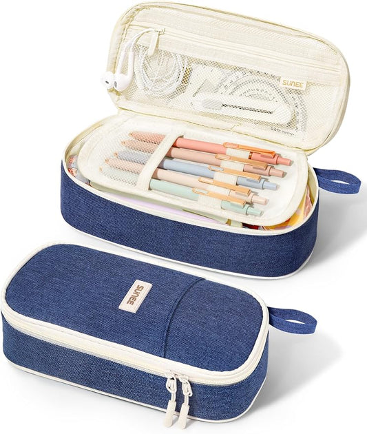 SUNEE Cute Pencil Case, Aesthetic Pen Pouch, Colored Large Pencil Bag with Zipper, Kawaii Stationery Storage and Organizer, School Supplies for Teen and Adult Girls, Navy Blue