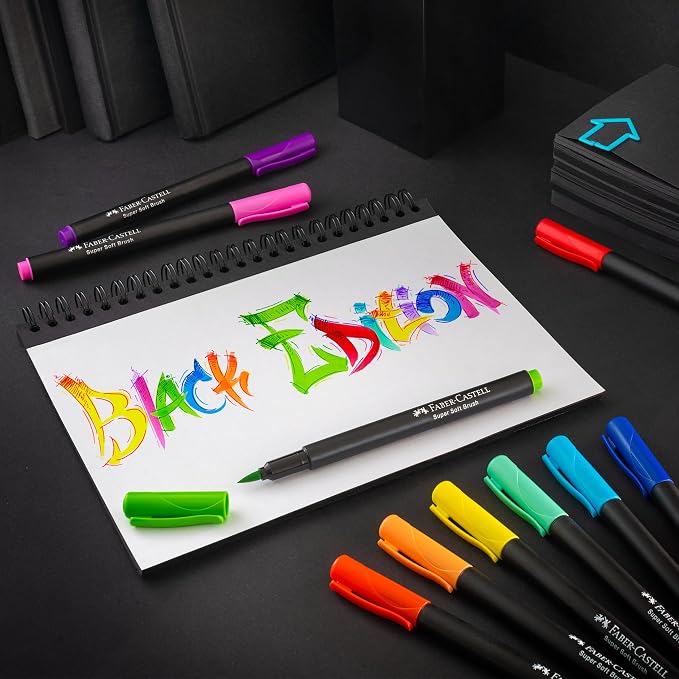 Faber-Castell Black Edition Felt Tip Pen with Soft Brush Nib, Markers for Adult Coloring Lettering Drawing, Artists Calligraphy Tool (Pack of 60)