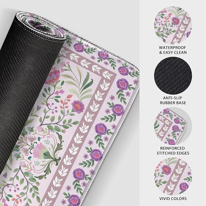 Purple Floral Desk Mat, 31.5"x15.7" Large Mouse Pad, Anti-Slip Rubber Base Keyboard Pad with Stitched Edges, Water-Resistant Smooth Desk Blotter, Computer Mat for Home Office Desk