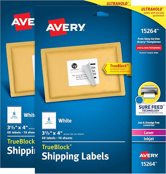 Avery TrueBlock Shipping Labels, Sure Feed, Permanent, 3-1/3" x 4", White, 2 Pack, 120 Labels Total (32134)