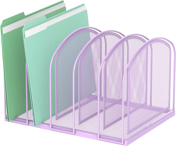 SUPEASY File Organizer 5-Section Mesh Desk Organizer, Upright File Organizer Desktop Organizer File Sorter, File Folder Holder for Office Supplies, Purple | 5 Vertical Compartments with Sturdy Metal Base for Office Documents Books Magazines and Laptop