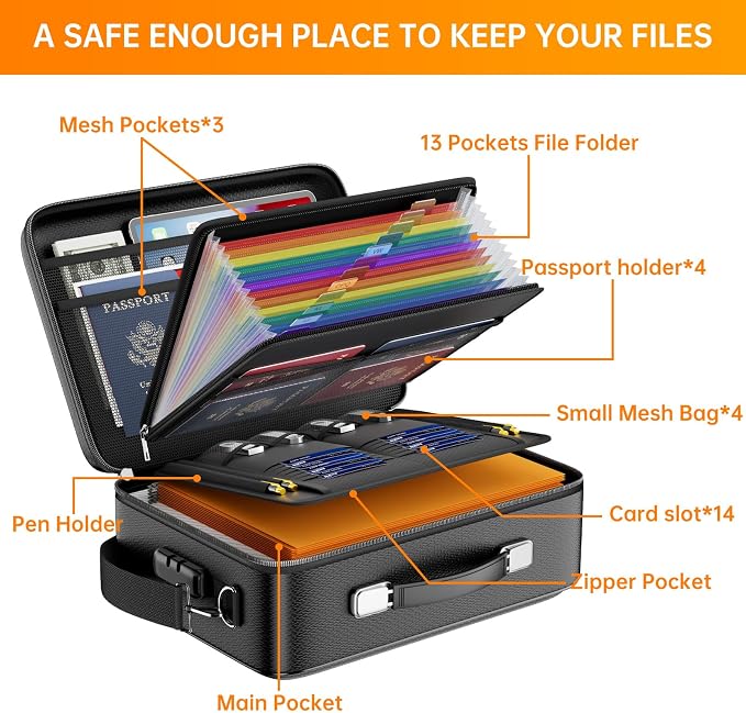 DocSafe Fireproof Document Box Hard Case with Lock ＆ Accordion File Folder | Fire and Water Resistant Safe Box,File Organizer,Multi-Pocket,Home Office Travel Storage for Important Document,Laptop,Black