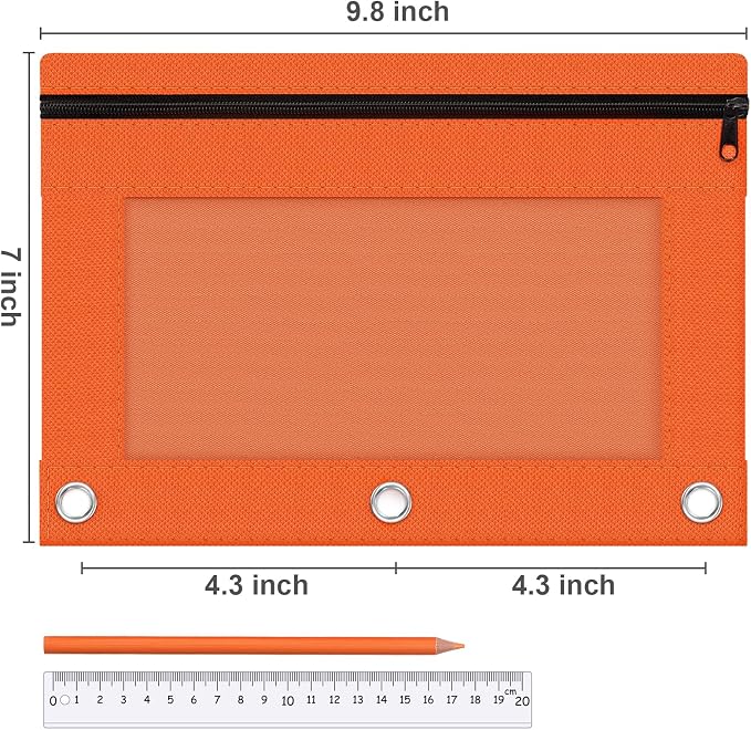 Pencil Pouch for 3 Ring Binder, 2 Pack Pencil Bags with Zipper, Orange Pencil Case for Classroom School Office Supplies, Large Sturdy and Durable Cloth Pencil Pocket for 3 Holder Binder