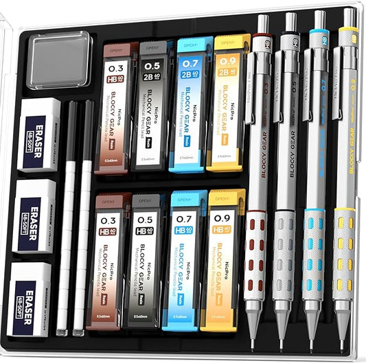 Nicpro 4 Pack Blocky Gear 0.3/0.5/0.7/0.9 mm Metal Mechanical Pencils Set | Lead Drafting Pencil with 8 Tube Break-resistant Lead(HB 2B), Erasers, Eraser Refills, Case for Art Writing Sketching Drawing