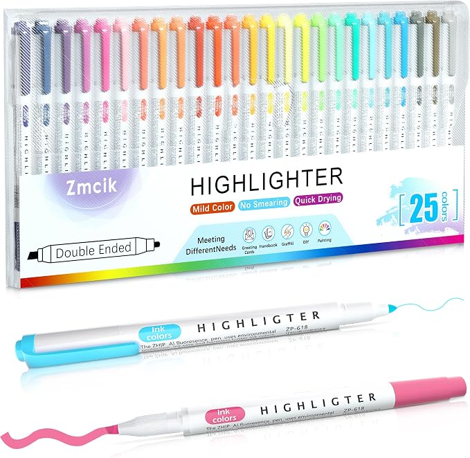 Zmcik Double Ended Highlighters with Soft Chisel Tip, 25-Pack Quick Dry Assorted Colors, Pastel Highlighters Set for School/Office Journaling, Bible Assorted Colors