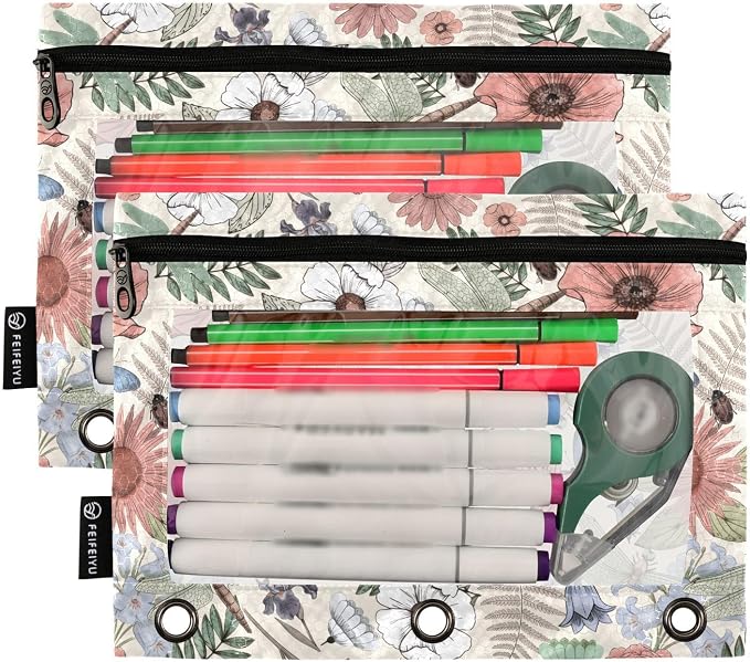 ALAZA Pencil Pouch for 3 Ring Binder, Boho Flowers Dragonflies Custom Binder Pencil Pouches with Clear Window Zipper Pencil Case Cosmetic Bags for Office College Supplies, 2PCS