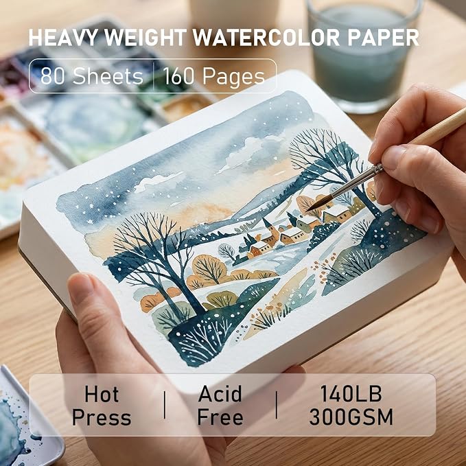 FLUNBRATO Mini Watercolor Paper Pads 80 Sheets,2.6 x 2.6 Inch,100% Cotton Travel Watercolor Sketchbook,Hot Press 140LB 300GSM,Two-Edge Glue Binding Compact Notebook Mixed Media for Painting