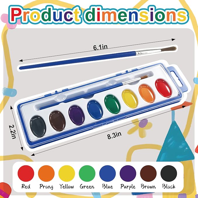 12 Pack Watercolor Paint Set Bulk, Washable, Non-Toxic Watercolors with Brushes for Kids & Adults – Watercolor Paints for Classrooms, Parties, and Art Activities, Watercolors for Kids