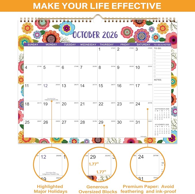 2026-2027 Wall Calendar - Wall Calendar 2026-2027, JUL.2026 -DEC.2027 | 15" x 11.5", 18 Months Calendar July 2026-2027, Hanging Hook, Large Daily Blocks, Thick Paper - Clorful Floral