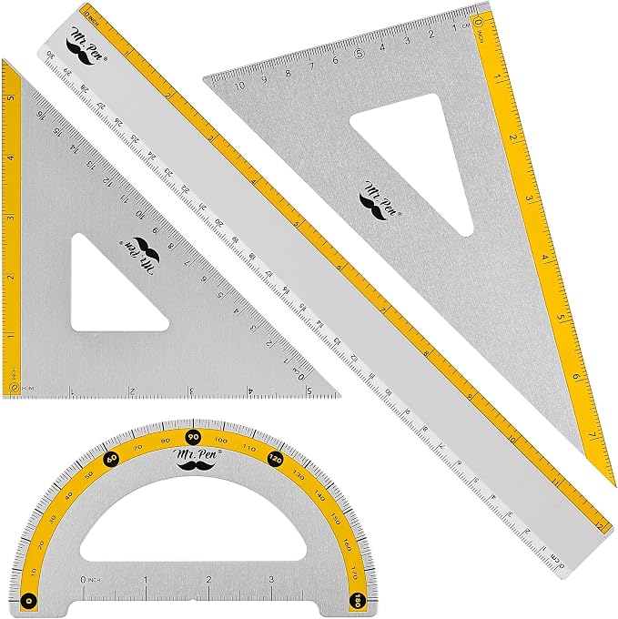 Mr. Pen- Metal Geometry Kit, 4 Pack, 45° & 30°/60° Set Squares | 6" Protractor & 12" Ruler, Durable Metal Drafting Tools for Technical Drawing, Math, Engineering & Architecture