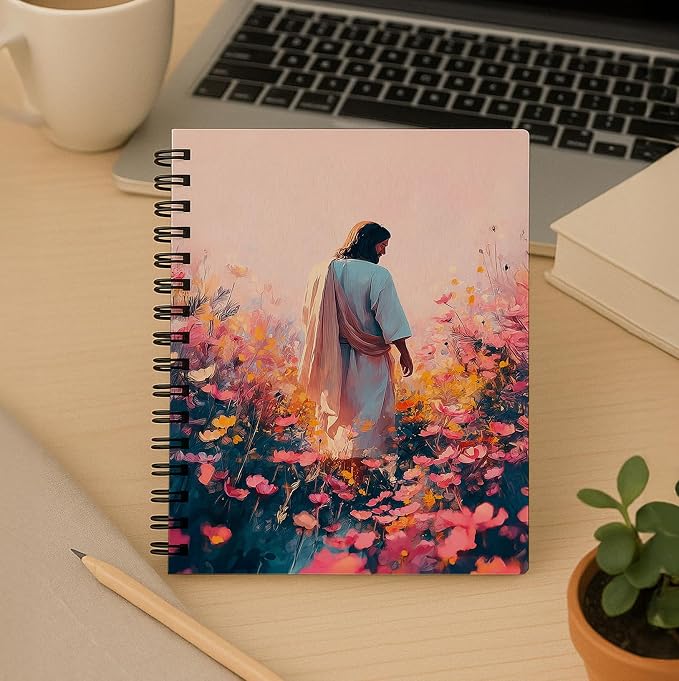bitCNY Inspirational Jesus Notebook 8.3x5.5 Inch – Jesus in Flower Garden Spiral Journal, Pastel Christian Notebook with Lined Pages for Prayer & Study