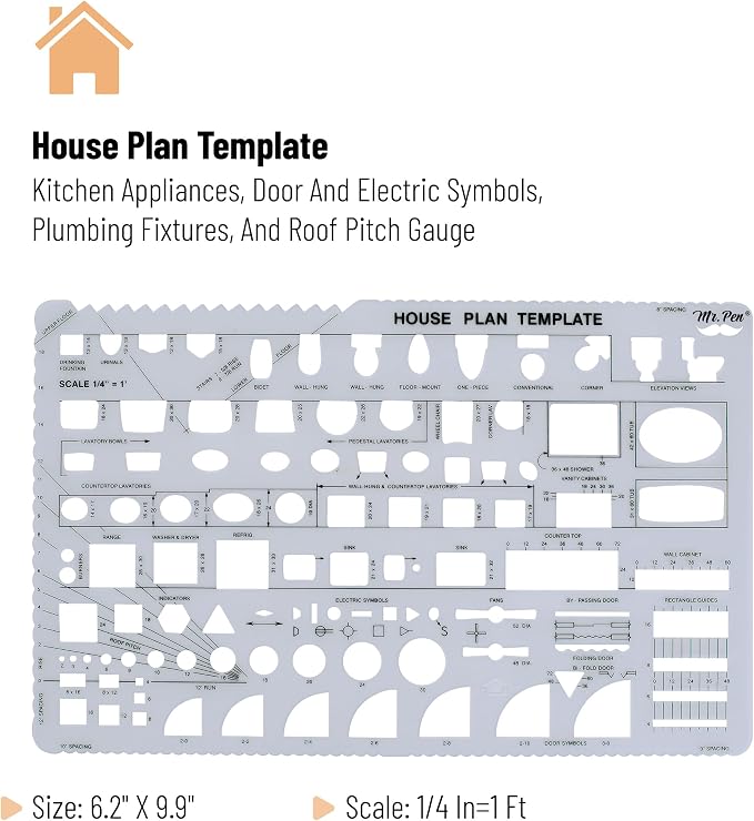 Mr. Pen- House Plan, 3 pcs, Interior Design and Furniture Templates | Clear Flexible Plastic, Drafting Tools, Ruler Shapes for Architecture, 1/4 Inch Scale, Kitchen, Bath, Bedroom, Office
