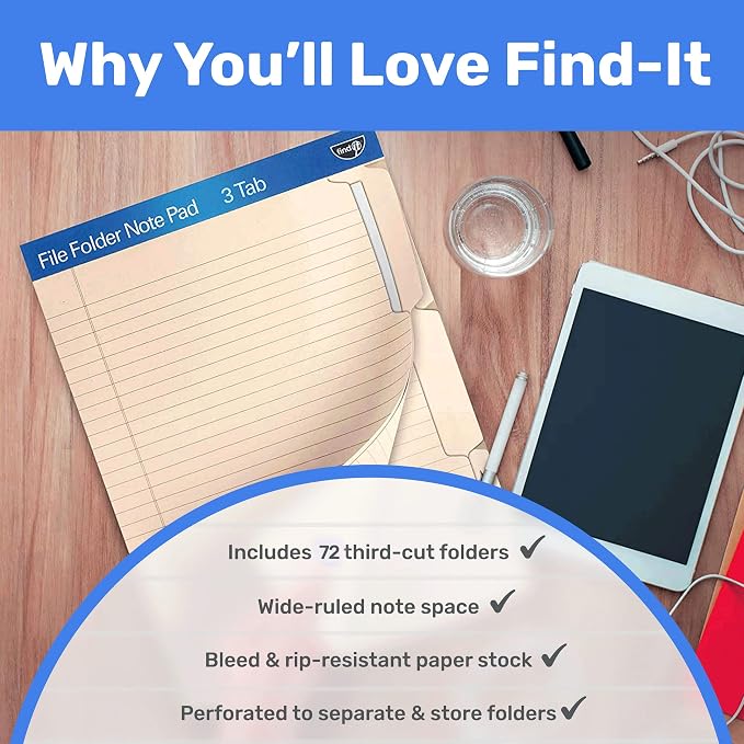 Find It File Folder Notepad - Pack of 72-9.5 x 12.5 Inch Notebook Organizer Folders for Filing, Document, and Clipboard Organization - Cream | Wide-ruled clipboard-style pages, front and back ruled, perforated tear-out sheets, office and school filing ...