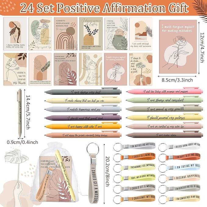 Mooliwe 24 Set Positive Affirmation Gift Set Gratitude Notebooks with Pens Keychains Small Bags Motivational Party Favors for Adult Women Coworkers Employee Group (Abstract)