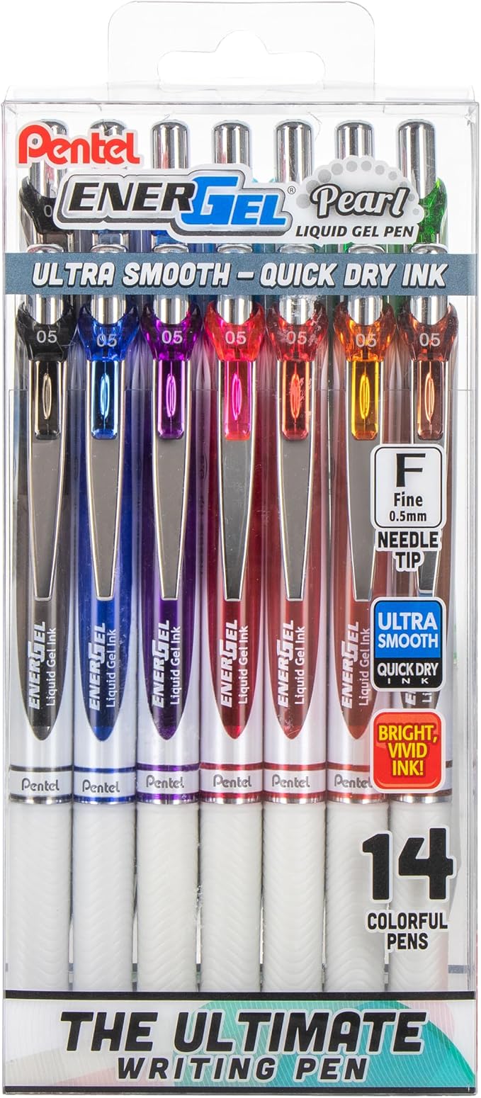 Pentel EnerGel RTX Pearl Liquid Gel Pen, (0.5mm) Needle Tip, Fine Line, Asstd. Ink, 14-Pk Plastic Box
