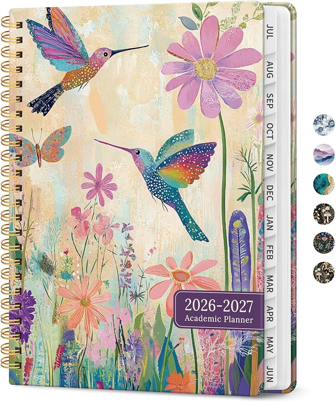 Planner 2026-2027, Academic Monthly and Weekly Calendar Planner for Women, July 2026 - June 2027, Hardcover Pretty Agenda Planner Book with Tabs, Spiral Daily Organizer for School Office Home Supplies, 6.3" x 8.5" - Hummingbird Garden