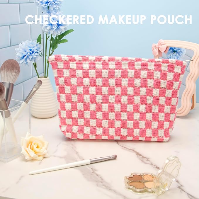 PAZIMIIK Checkered Makeup Bag for Purse, Small Flat Cosmetic Pouch,Pink | Cute Zipper Makeup Organizer for Women, Travel Essentials, Toiletries, Makeup Brushes, Beauty Accessories&Bridesmaid Gifts