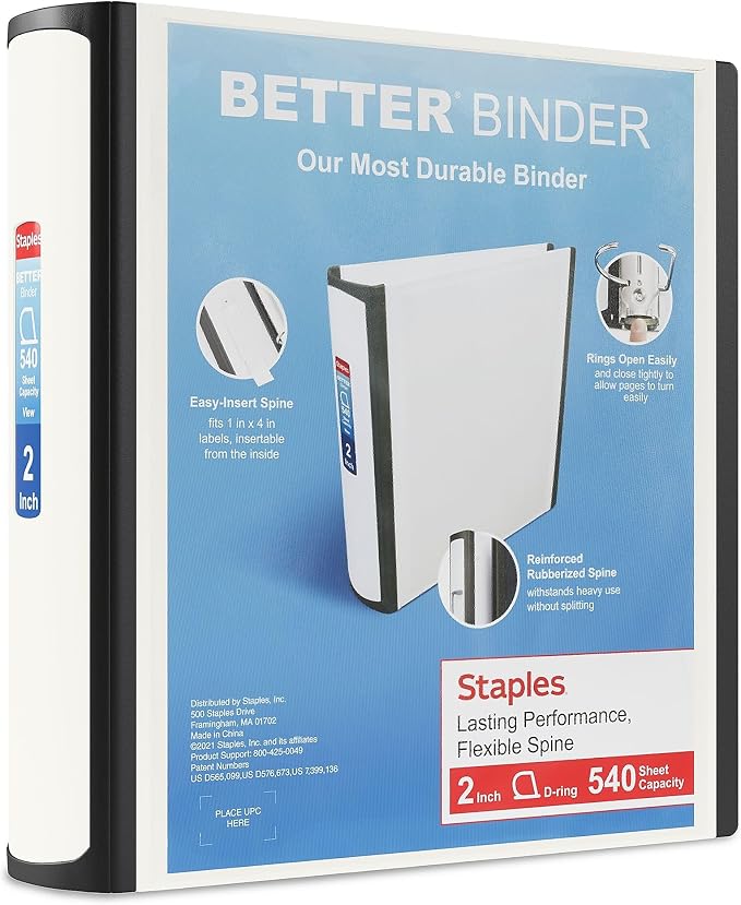 Staples Better Binder 2 Inch 3-Ring Binder, White, Wide Spine View Binder with Locking Rings, Durable Office Binder, 2 Pack