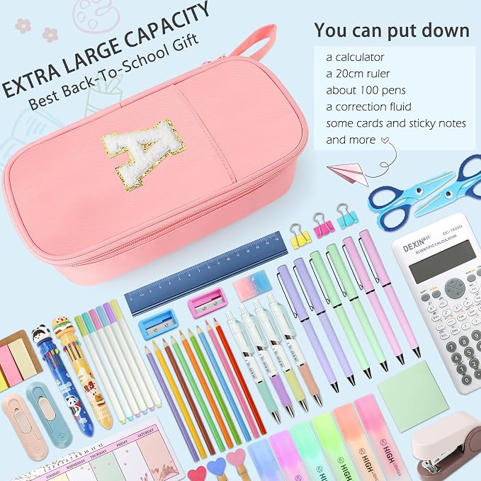 Cute Large Pencil Case Pouch,Personalized Initial Pencil Bag for Girls Boy | Multiple Pockets With Smooth Dual-Zipper, Big Capacity Aesthetic Pen Case Bag For Kids College Art School Gift