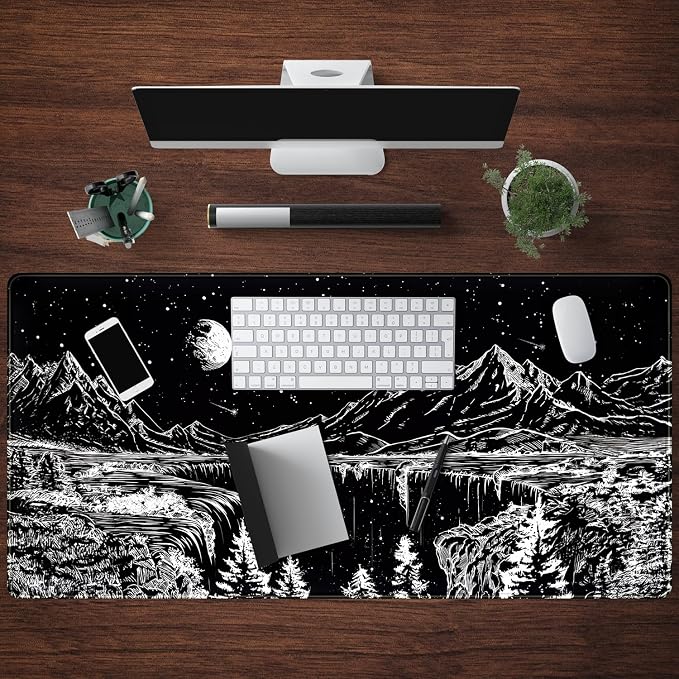 Black and White Desk Mat Dark Nature Forest Mouse pad XXL Starry Night Mountain Desk pad Aesthetic Moon and Stars Mousepad XXL for Laptop Computer Mouse Gaming Keyboard Mat, 31.5 X 15.8 in