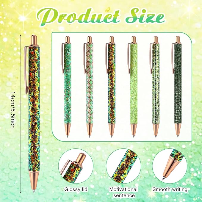 12 Set Cute Mini Notebook and Fancy Pen Gift Set for Women 6 Mini Glitter Pocket Notepad 6 Cute Sparkly Glitter Pen for Girl Office First Day of School Mother's Day Christmas Graduation(Green)