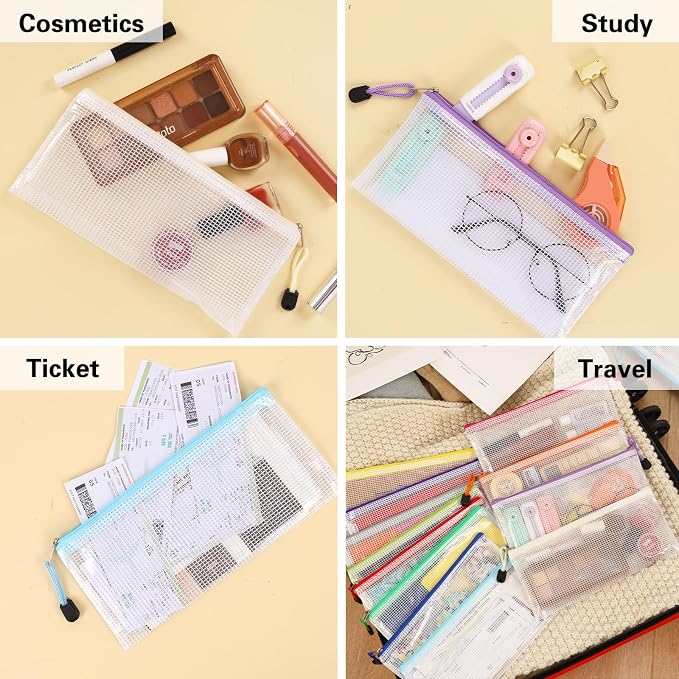 EOOUT Pencil Pouch 30pcs 9.5x4.5 Inches Small Mesh Zipper Pouch in 15 Colors for Bill Travel Tickets Storage and Office Supplies Storage