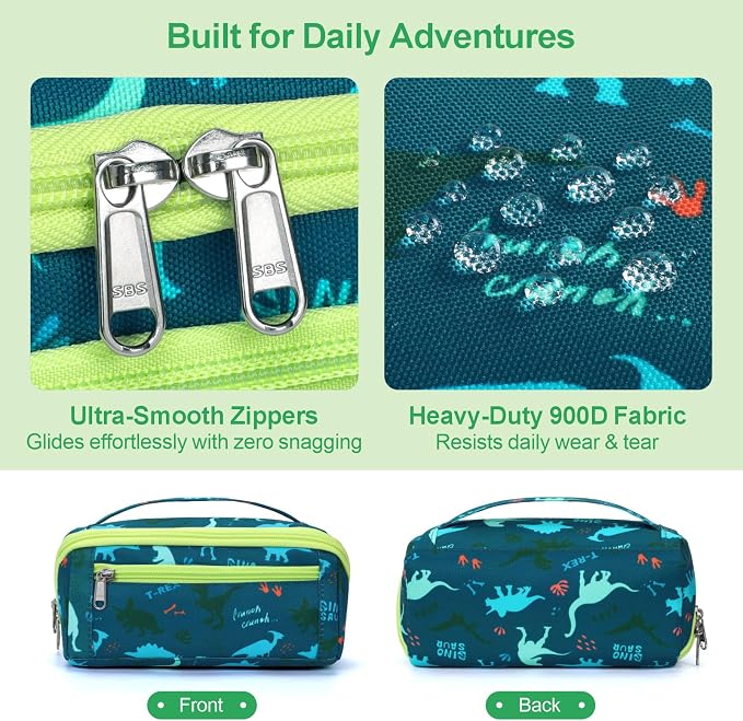 Large Pencil Case for Boys - Aesthetic Pencil Pouch for School | Kids Pencil Case & Wide Handle, Water Resistent Organizer Box, Fits 50 Pens & Markers, Daily Use, Green Dinasour