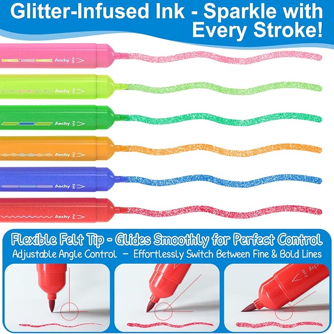 AECHY Dual Tip Glitter Highlighters & Dual-Color Curve Roller Pens,6 Pack | Sparkle Markers with Bullet Tip & Dual-Color Gradient Roller for Journaling, Note Taking, Scrapbooking,School Supplies &Gifts
