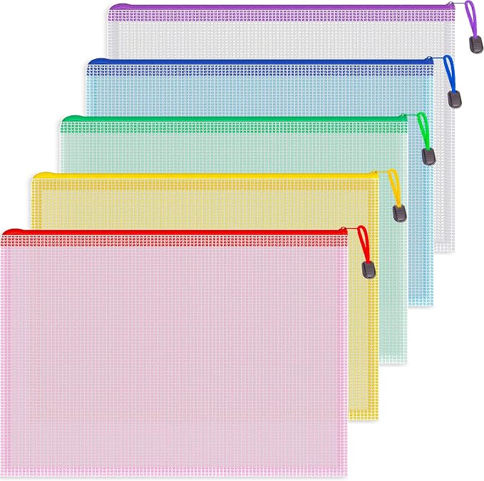 Koogel 5PCS Mesh Zipper Pouch Bags, A4, Waterproof File Folders, 5 Colors | Reusable PVC Plastic Pouches for Organizing Storage, Clear Mesh Bag for School, Office, Classroom Supplies