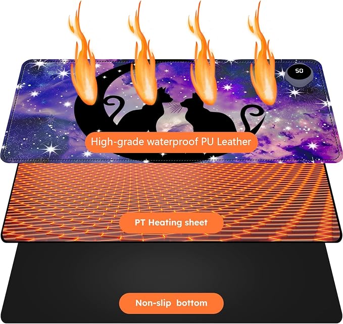 Heated Mouse Pad with 3 Levels Heated & 3 Hours Auto Shut-Off Mouse Pad for Warming Hands in Office Home, 31.5" x 13"Large Safe Desk Mat Hand Warmer，Cute Space Cat
