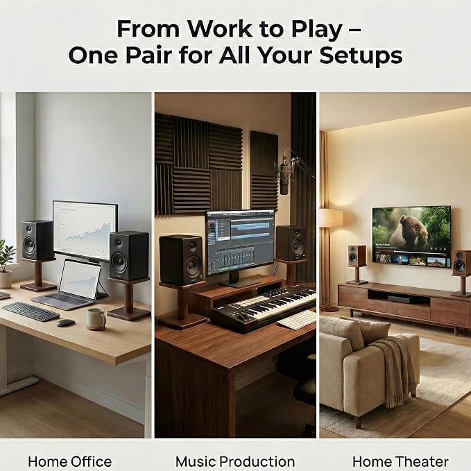 Desktop Speaker Stands Made of Pure Solid Wood, Natural Style, 360° Rotatable Top Plate, Suitable for Medium/Large Tabletop Speakers and Studio Monitors (Walnut Brown Finish_DSS9(12 inch))