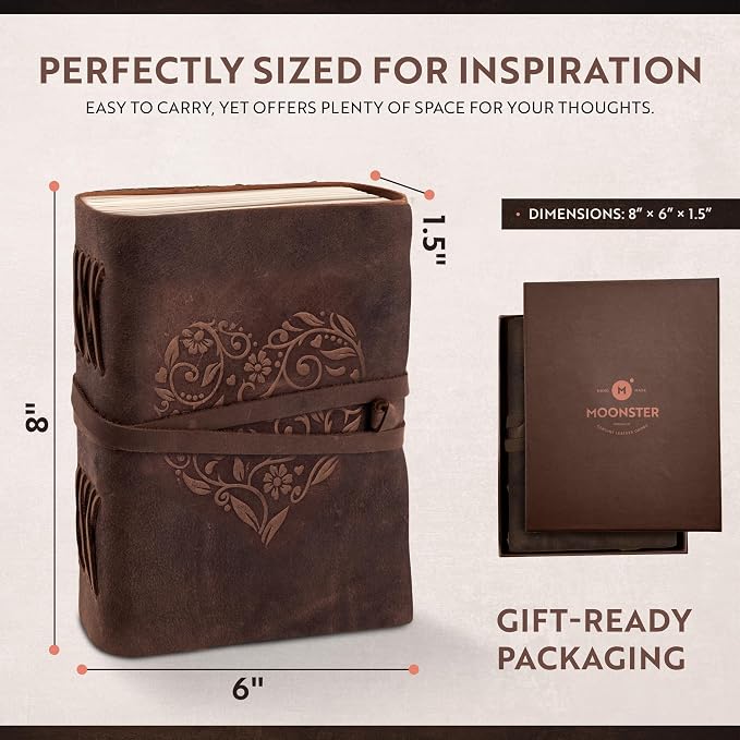 moonster Leather Journal with Embossed Heart Shape - Non Refillable 8x6″ Lined Notebook - 400 Pages College Ruled Kraft Paper - Inspirational Small Notebook - Leather Journals for Women