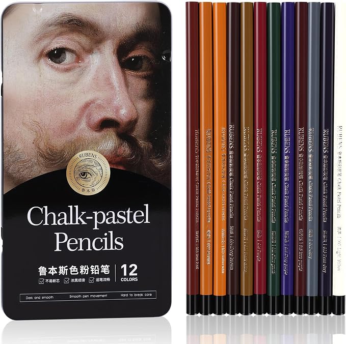rubens Pastel Pencils, 12 Colors Soft Chalk Pastel Pencils Set for Artists, 4mm Core Chalk Colored Pencils in A Metal Tin, Blendable Chalks Pencils for Drawing, Sketching, Blending & Shading(Series B)