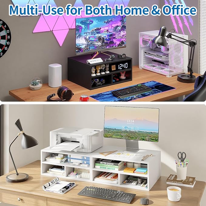 ALISENED Printer Stand for Desk, 2-Tier Wooden Desk Organizer with Adjustable Compartments, Heavy Duty Desktop Stand for Printer Scanner Monitor, Space Saving Office Organization and Storage, White