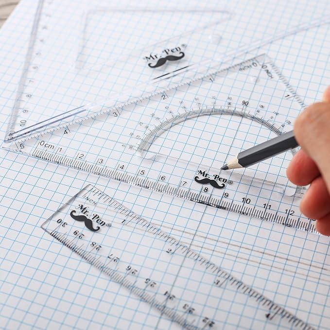 Mr. Pen Triangle Ruler, Protractor, Math Set - 3 Pack, Square Ruler | Protractor for Geometry