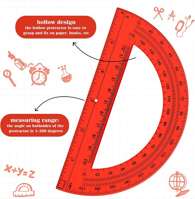 Zonon 2 Pcs 12 Inch Clear Ruler and 6 Inch Plastic Protractor Set, Dual Scale Inch/Cm Math Geometry Measuring Tools for Back to School Students Teachers Classroom Office Drafting Use(Red)