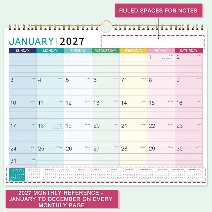 Calendar 2026-2027- Wall Calendar 2026-2027, July 2026 - December 2027, 18 Monthly Calendar with Thick Paper, 15" x 11.5", Hanging Hook - Colorful Lump