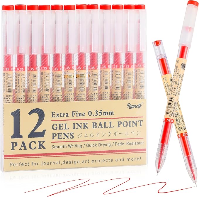 Japanese Style Red Gel Ink Pens, 0.35mm Extra Fine Point, No Smudge Quick Drying, Japanese Ink Pen for Journal Planners, Thin Notebook Paper, Office School Supplies, 12 Pack, Writing Drawing