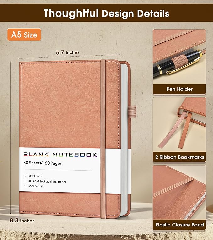 Journal Notebook, A5 Leather Hardcover Blank Sketchbook, 160 Pages, 180° Lay-Flat Binding, 100 GSM Thick Paper, for Sketching, Drawing, Art Journaling & Creative Writing (Pink)