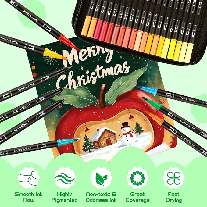 WELLFAR 72 Colors Adult Coloring Book Markers No Bleed – Dual Fine & Brush Tip Art Markers for Teens, Gel Acrylic Paint Pens for Drawing, Painting, Journaling, Calligraphy, Sketching, No Bleeding