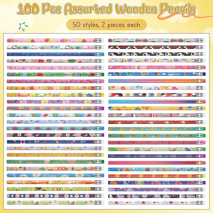 Sabary 100 Pcs Assorted Wood Pencil Bulk 50 Styles #2 HB Colorful Novelty Fun Dinosaur Animals Fruits Sports Pencils with Erasers for Teacher Reward
