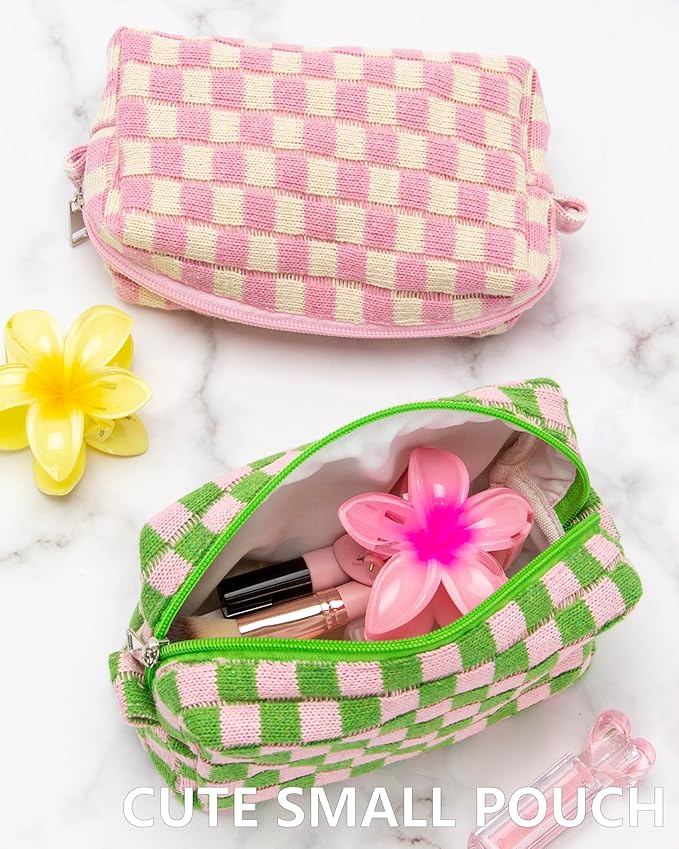 Checkered Makeup Bag for Purse, Small Cosmetic Pouch,Pink Green,2 Pack | Cute Zipper Makeup Organizer for Women, Travel Essentials, Toiletries, Makeup Brushes, Beauty Accessories&Bridesmaid Gifts