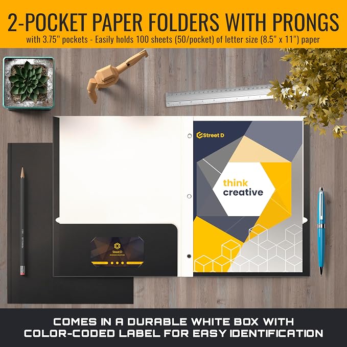 Better Office Products Black Paper 2 Pocket Folders with Prongs, 50 Pack, Matte Texture, Letter Size Paper Folders, 50 Pack, with 3 Metal Prong Fastener Clips, Black