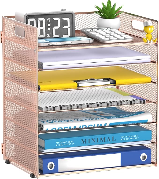 7 Tier Paper Organizer for Desk with Letter Trays and Handle Rose Gold | Desk File Organizer with Handle for Sorting Papers, Files, Folders, Mail, Bills and Office Supplies