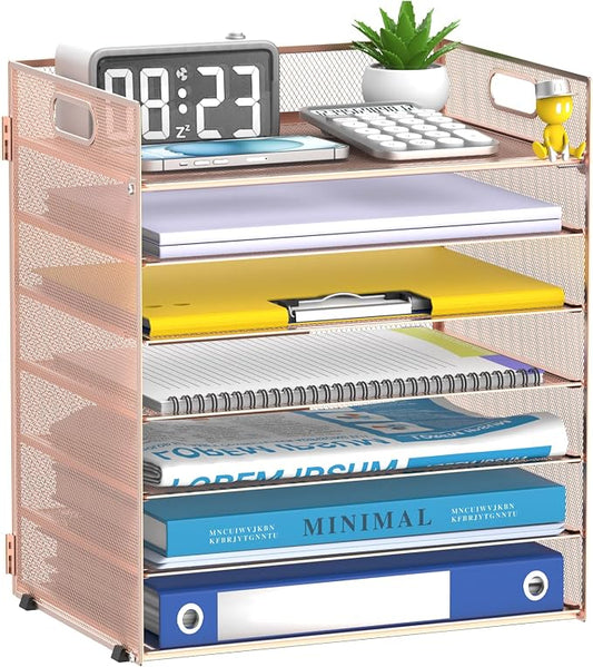 7 Tier Paper Organizer for Desk with Letter Trays and Handle Rose Gold | Desk File Organizer with Handle for Sorting Papers, Files, Folders, Mail, Bills and Office Supplies