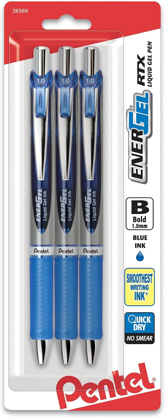 Pentel EnerGel RTX Retractable Liquid Gel Pen, Bold Line, Metal Tip, Blue Ink 3Pk (BL80BP3C)