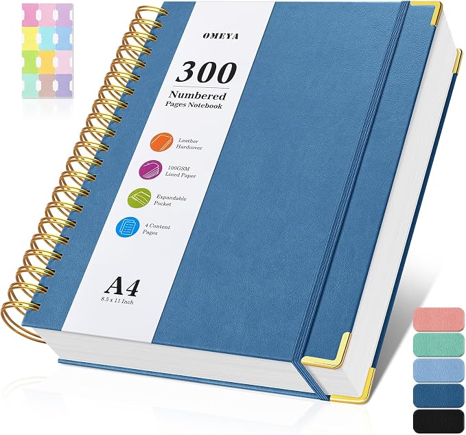 Spiral Notebook 8.5" x 11",300 Numbered Pages Lined Notebooks College Ruled | Hardcover Leather Journal for Women Men, 100GSM Thick Journals for Writing with Tabs,Super Large A4 Notebooks for Work School