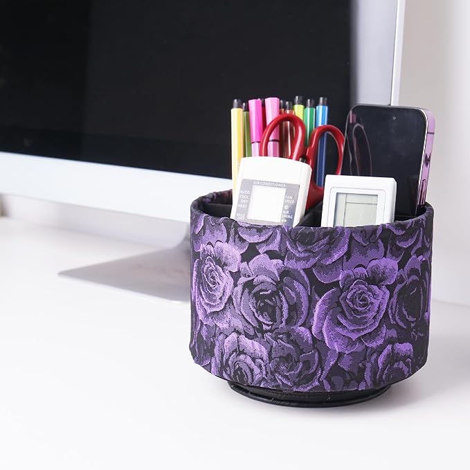 Round Leather Art Supply Organizer,Remote Control Holder,360 Degree Rotating,Multi-Functional Pencil Holder,4 Compartments Desktop Stationary Organizer(1-3D Rose Purple)